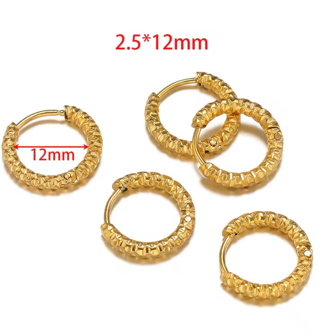 Textured Mini Hoop Earrings – 18K PVD Gold Stainless Steel (Waterproof)