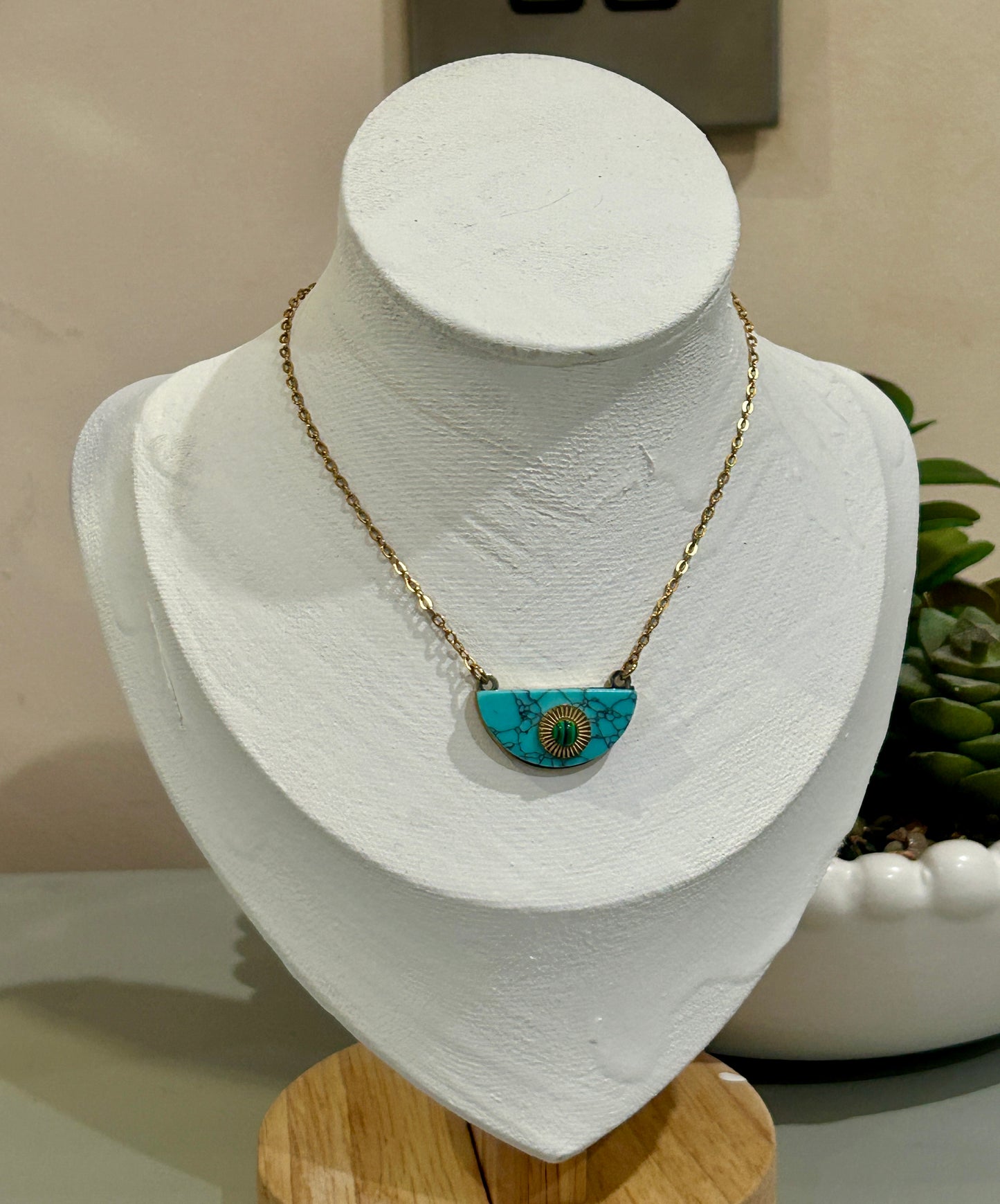 Natural Turquoise Half Moon Pendant Necklace
