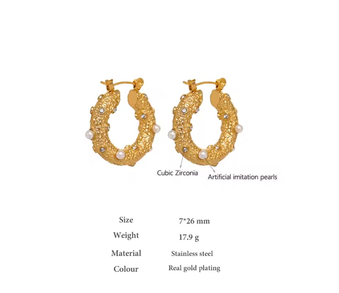 Vintage Pearl Textured Hoop Earrings – Gold Plated Stainless Steel