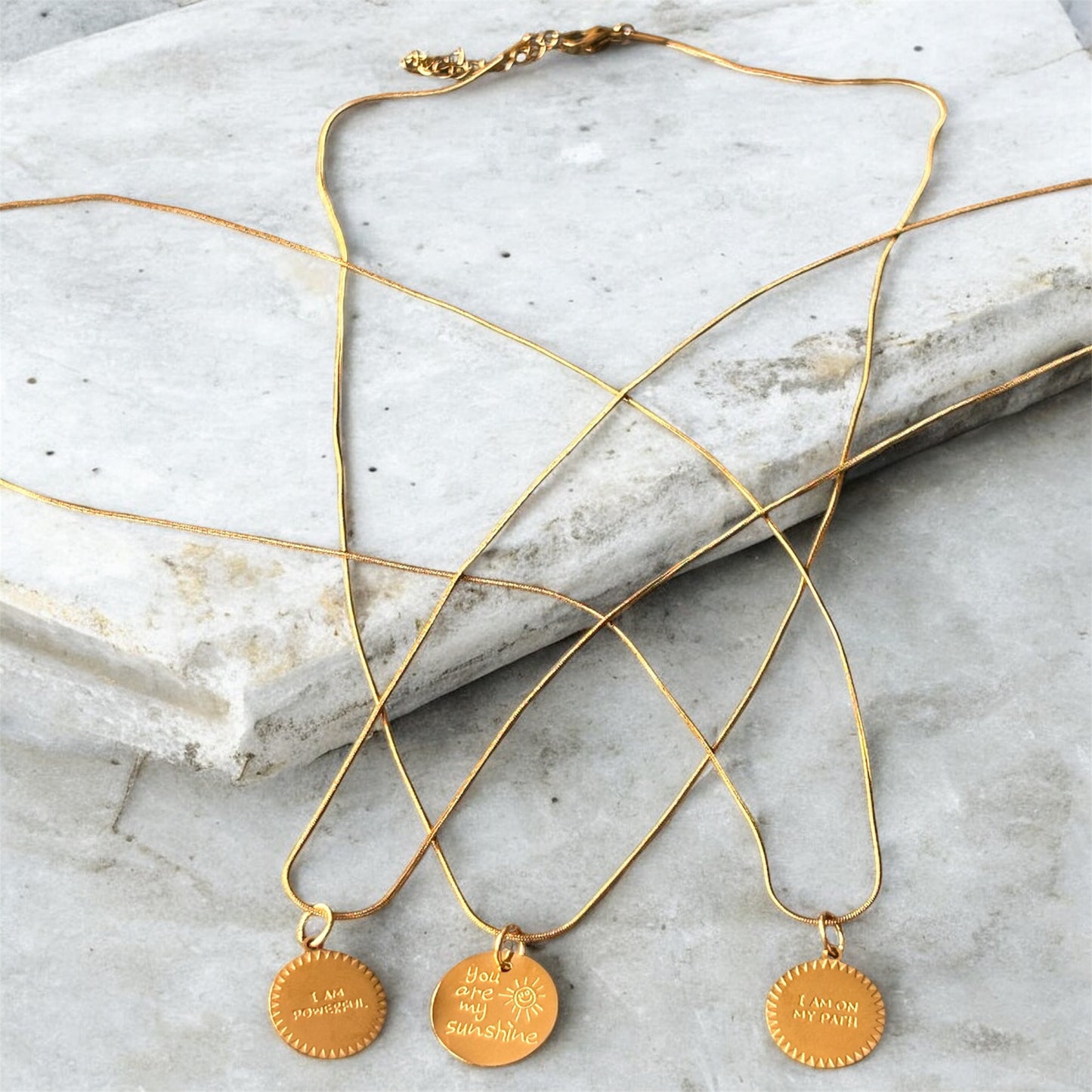 Affirmation Disc Pendant Necklace – Stainless Steel Snake Chain (3 Designs)