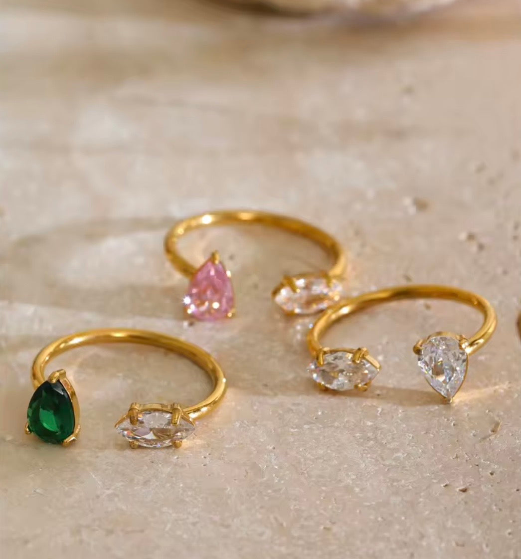 Teardrop CZ Open Adjustable Ring – 18K PVD Gold Plated Stainless Steel