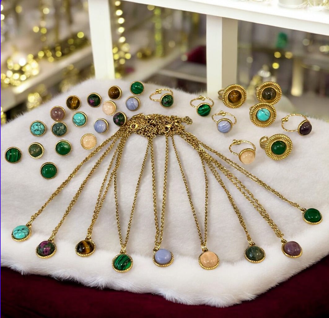 Mystic Earth Collection – Natural Stone Jewellery Set (Malachite, Amethyst, Tiger Eye, Turquoise, Green Jade, Rose Quartz, Blue Lace Agate,Plant Agate, Unakite)