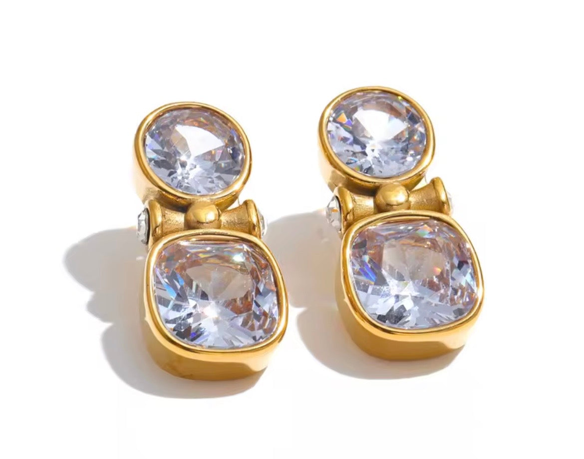 Two-Stone Cushion & Round Gold Drop Earrings