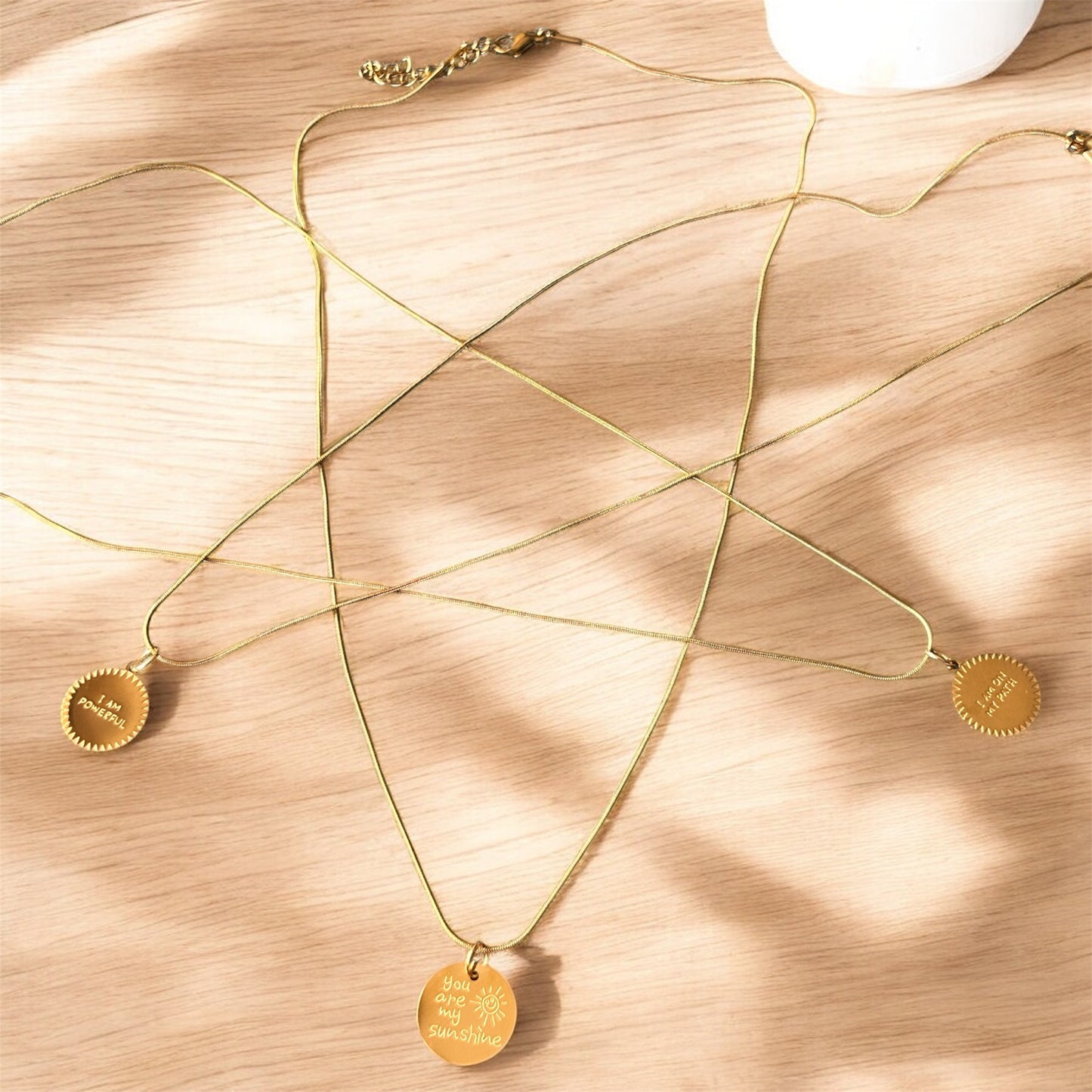 Affirmation Disc Pendant Necklace – Stainless Steel Snake Chain (3 Designs)