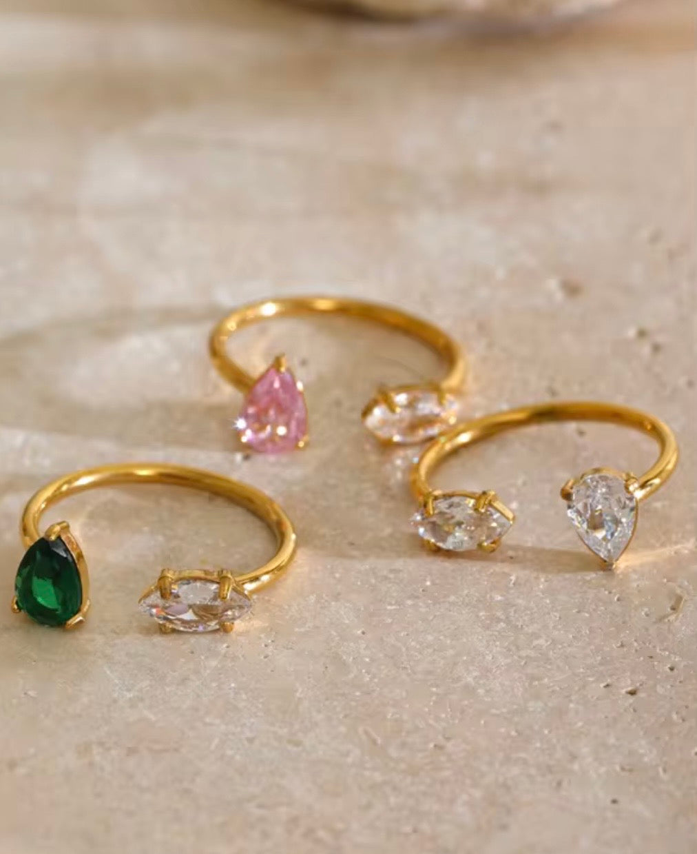 Teardrop CZ Open Adjustable Ring – 18K PVD Gold Plated Stainless Steel