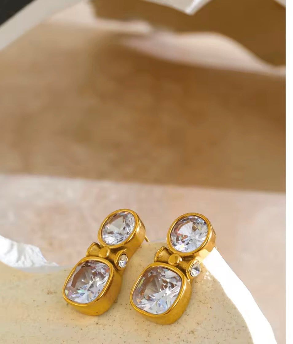 Two-Stone Cushion & Round Gold Drop Earrings