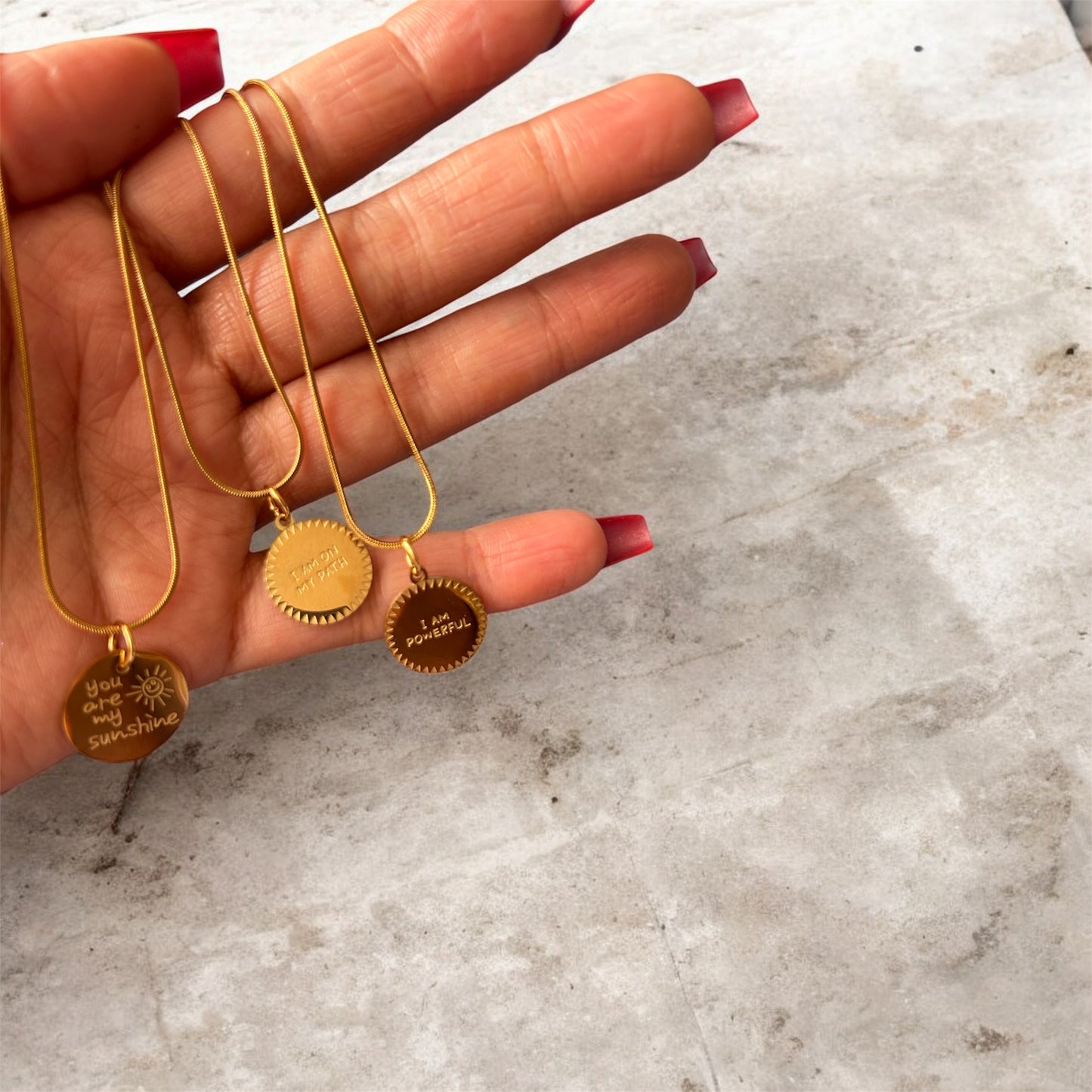 Affirmation Disc Pendant Necklace – Stainless Steel Snake Chain (3 Designs)