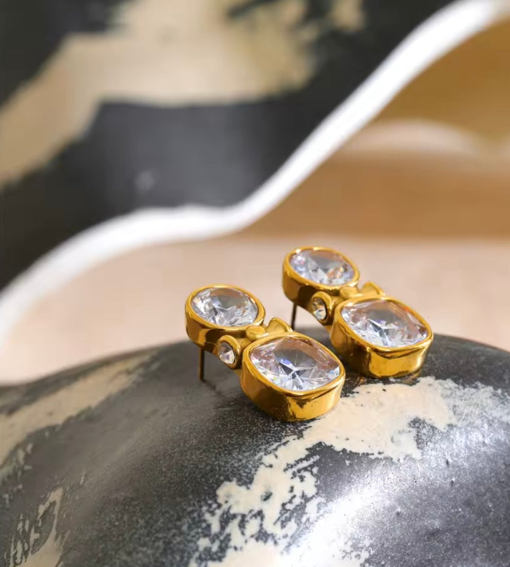 Two-Stone Cushion & Round Gold Drop Earrings