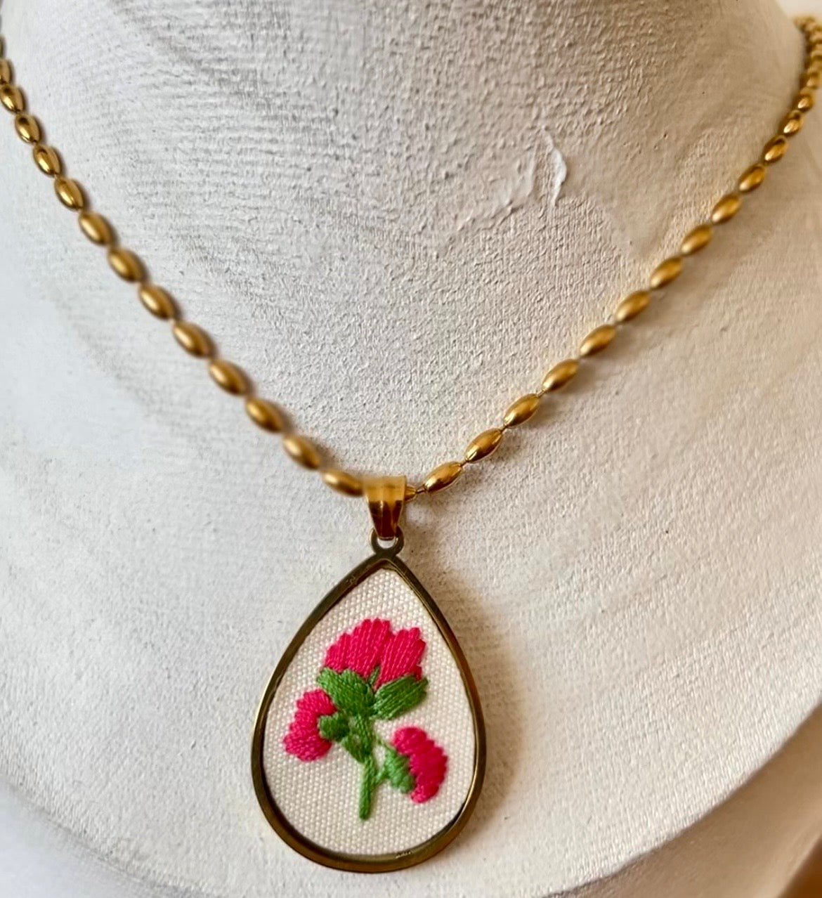 Pink Embroidered Floral Teardrop Necklace