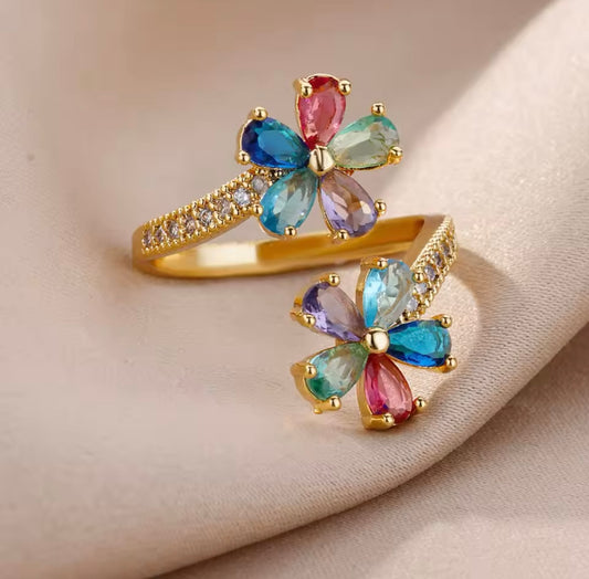 Gold-Plated Double Flower Ring with Colored Zircon