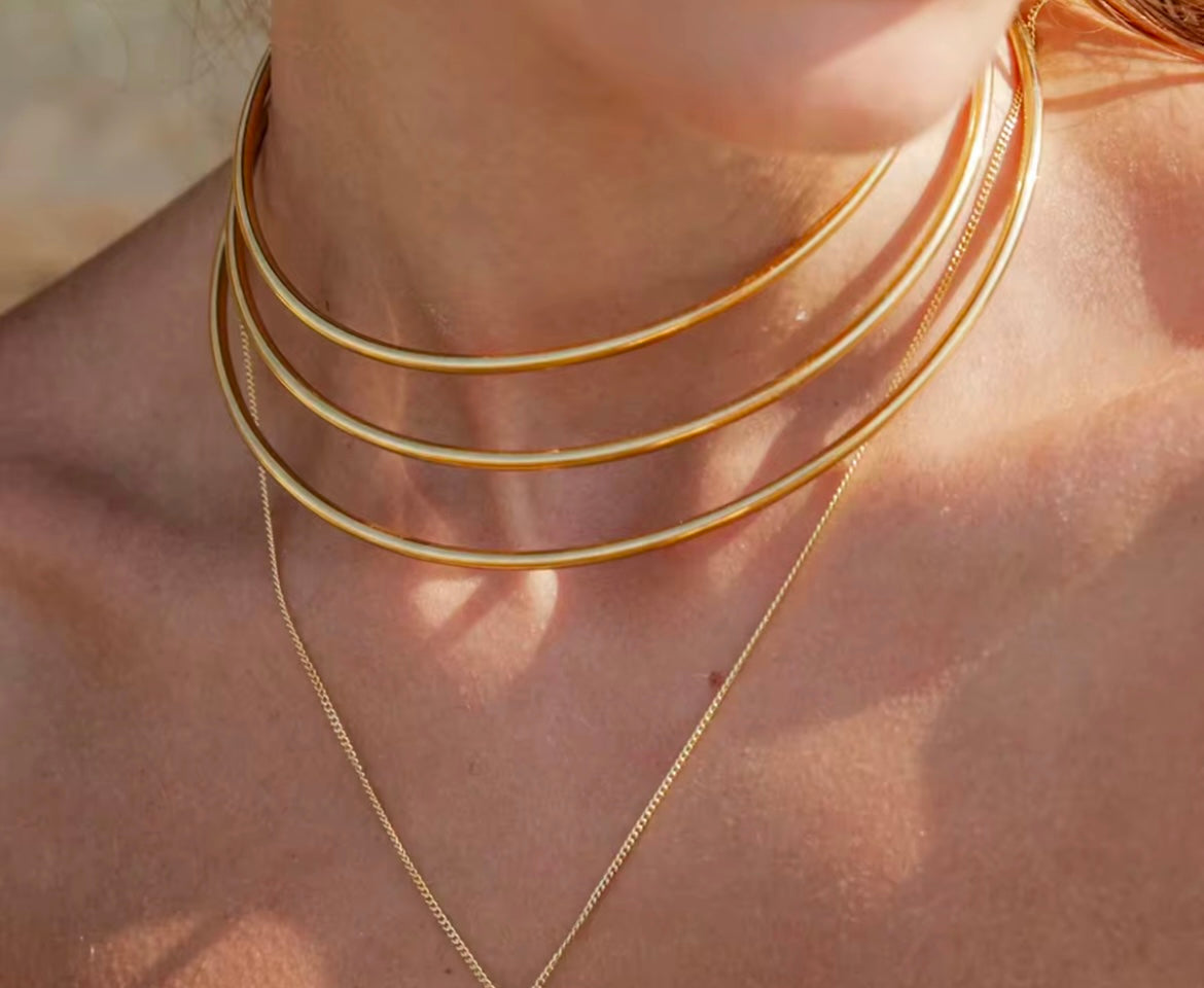 18K Gold-Plated Stainless Steel Triple Hoop Choker Necklace
