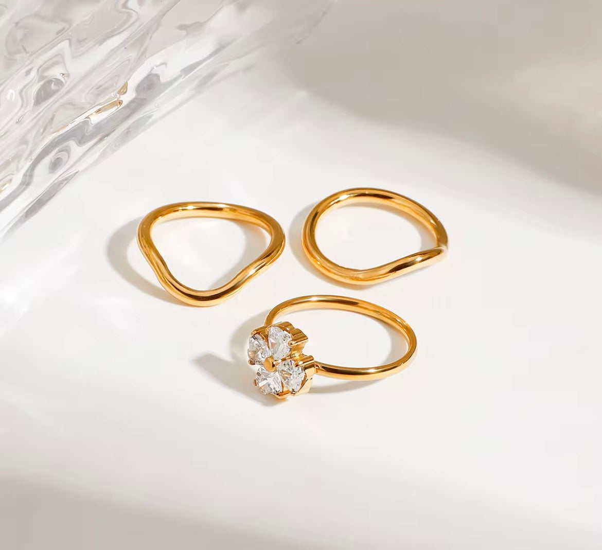Blossom Trio Stacking Ring Set – 18K Gold Plated (Size 7)