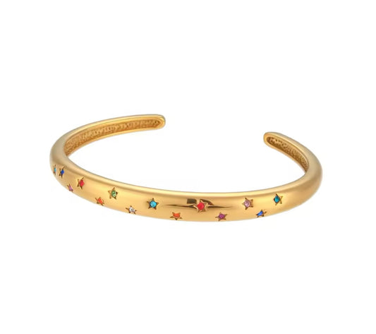Gold-Plated Open Cuff Bangle with Colourful Zircon Stars