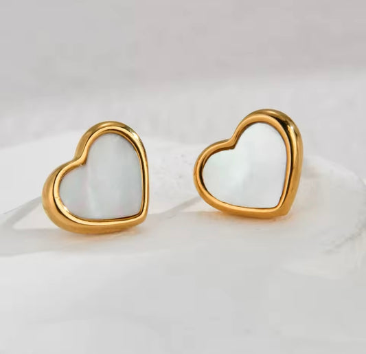 Dainty White Shell Heart Stud Earrings