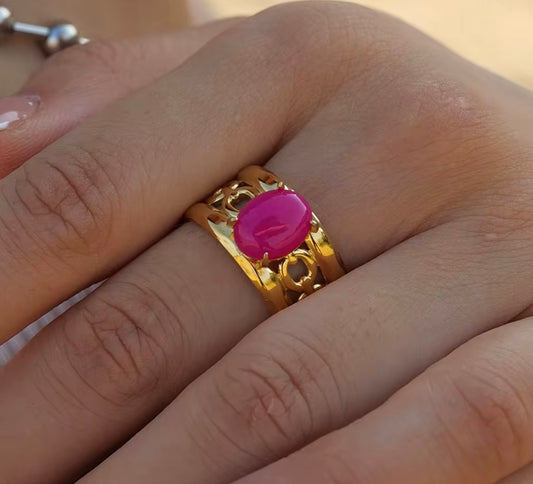 Bold Majesty Open Band Ring – 18K Gold Plated with Pink Oval Crystal (Size 7)