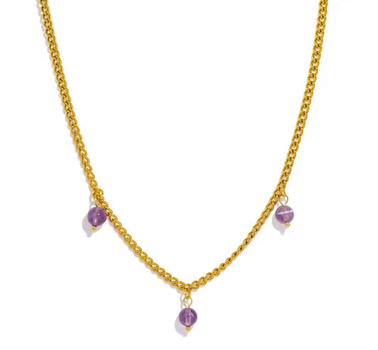 Gold-Plated Stainless Steel Necklace with Natural Amethyst Gemstone Charms