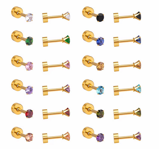 Twist-Back Flat Stud Earrings – Cubic Zirconia Stainless Steel (Gold Plated)