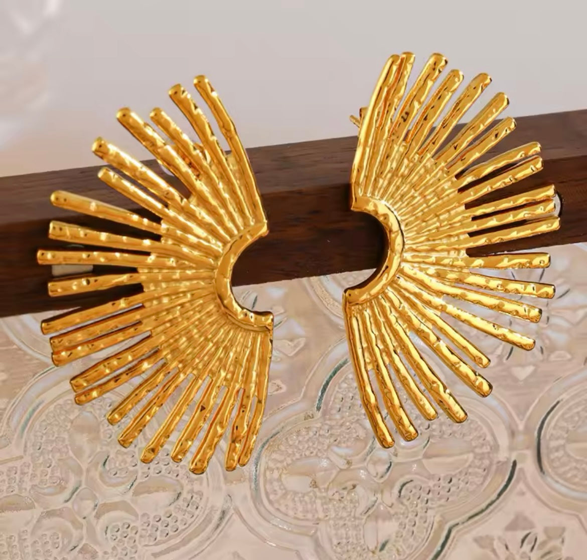Gold-Plated Stainless Steel Fan-Shaped Stud Earrings for Women
