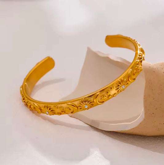 Sun, Moon, and Star Adjustable Gold-Plated Cuff Bracelet Stainless Steel