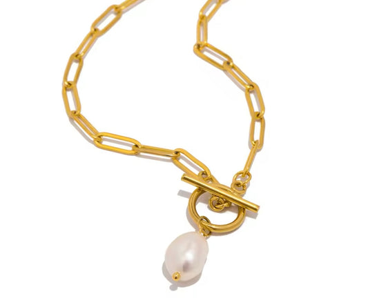 Timeless Pearl Toggle Chain Necklace – Stainless Steel & Gold-Plated