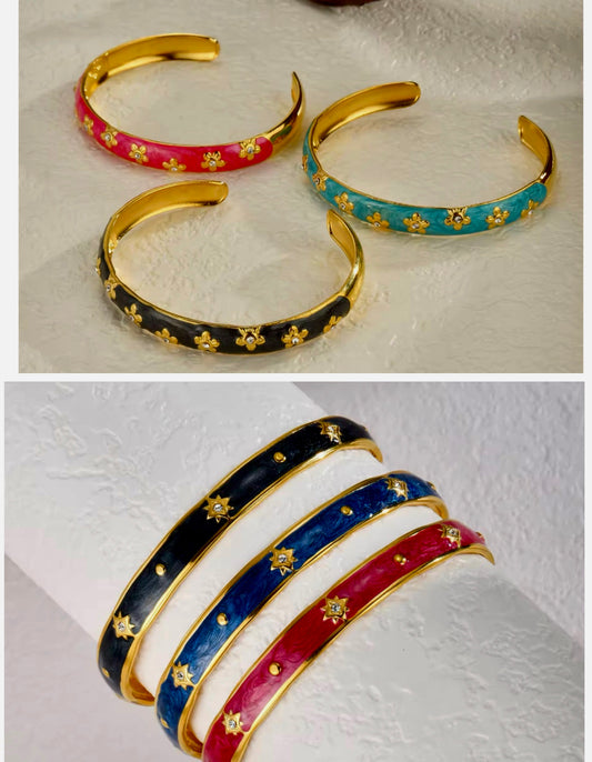 Enamel Bloom & Starburst Cuff Bracelets – Stainless Steel