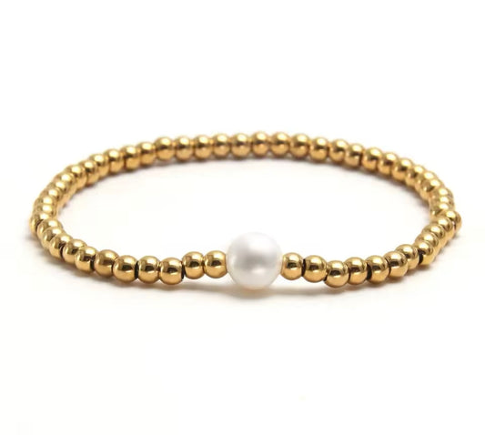 Golden Beaded Bracelet with Imitation Pearl – Stainless Steel