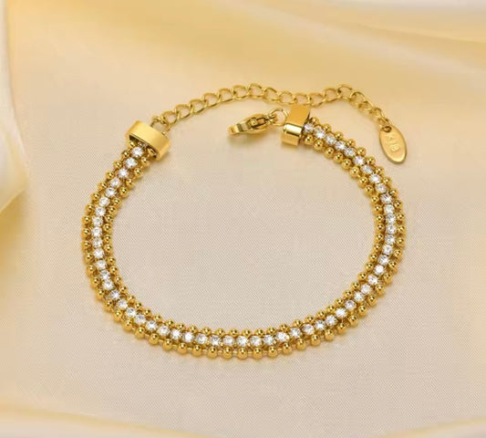 Elegant Gold-Plated Stainless Steel Crystal Beaded Bracelet