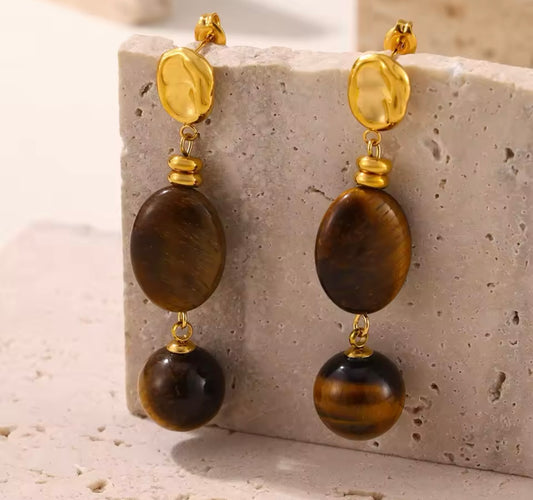 Women’s Gold-Plated Tiger Eye Stone Dangle Earrings – Stainless Steel Jeweller