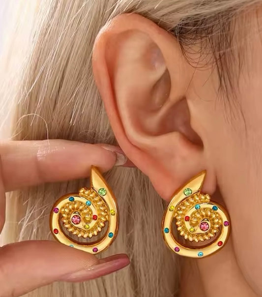 Golden Swirl Statement Earrings with Multicoloured Rhinestones