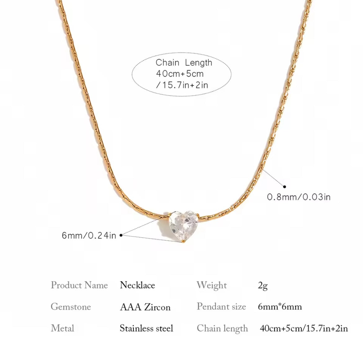 Dainty Heart Zircon Necklace – PVD Gold Plated