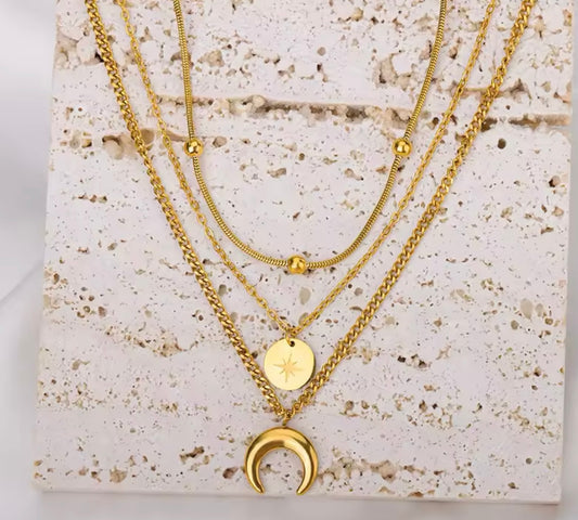 Fashion Moon Pendant Necklace for Women – Stainless Steel Multilayer Gold Plated Chain
