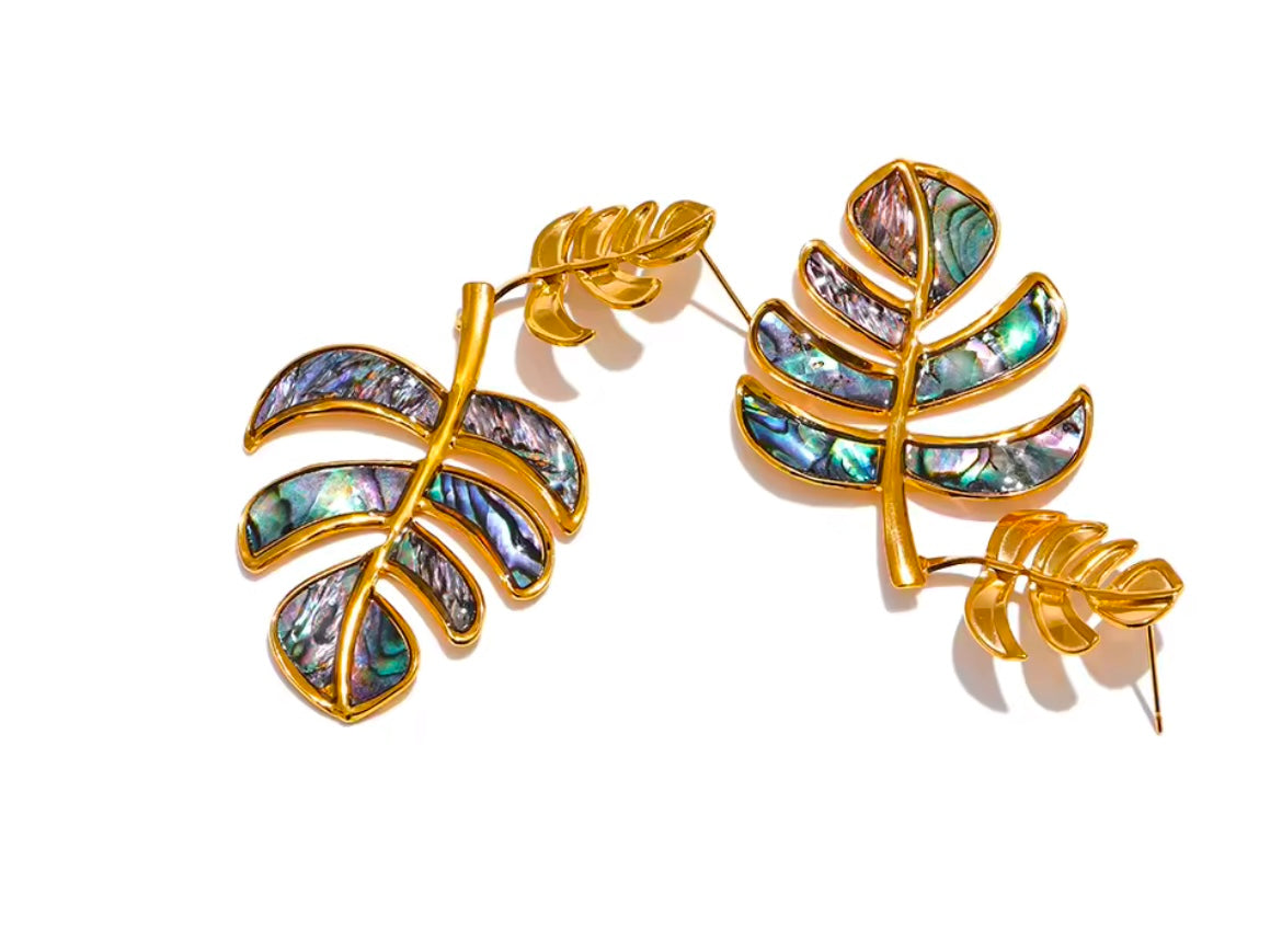 Big Leaves Drop Dangle Statement Earrings – 18k PVD Plated with Natural Shell
