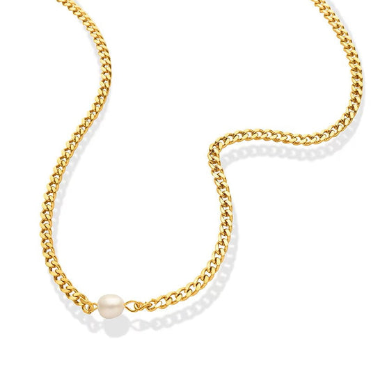 Fresh Water Pearl Pendant Choker Necklace with 18K gold plated Cuban chain.