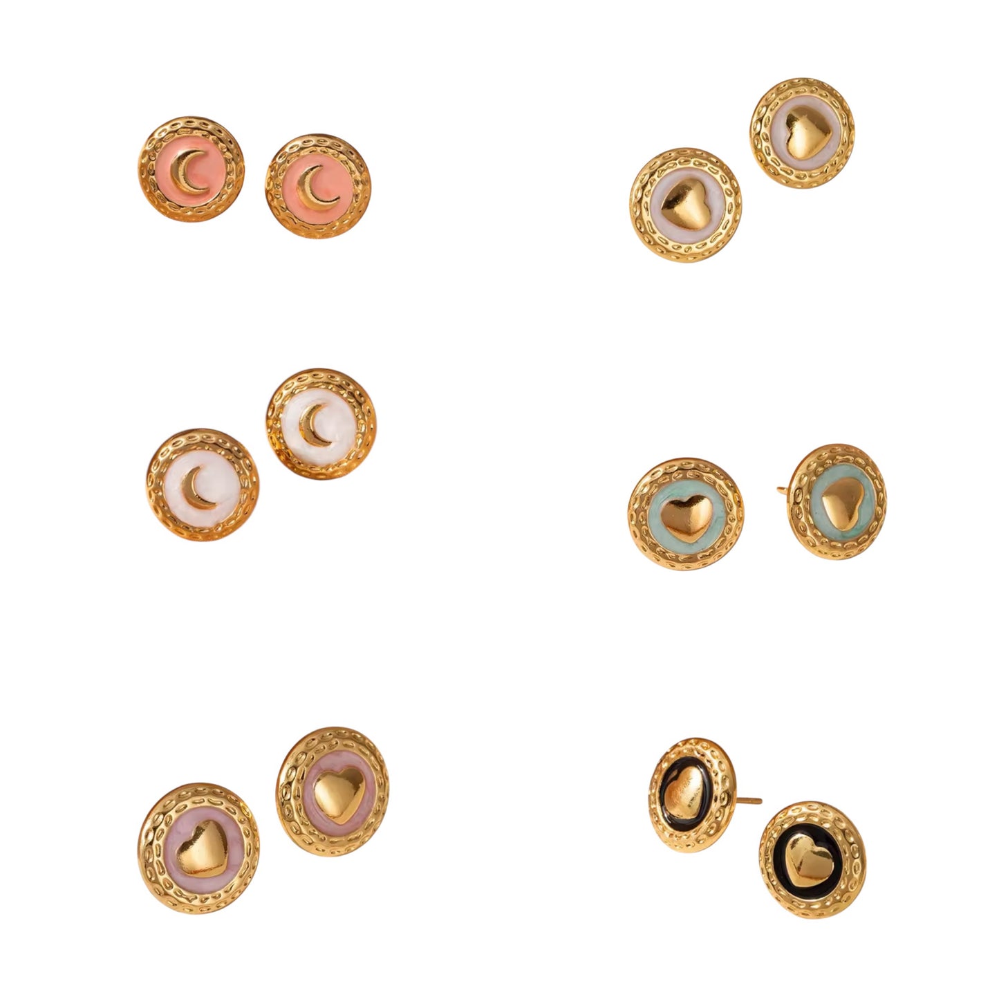 Heart & Moon Enamel Stud Earrings – Stainless Steel
